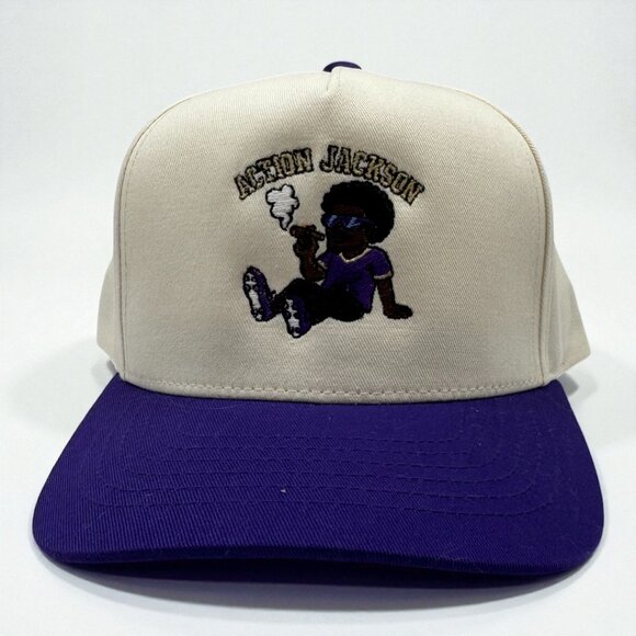 Lamar Action Jackson Embroidered Trucker Hat | Cream & Purple Snapback - Picture 3 of 4